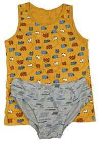 2set - Okrové tílko s náklaďáky + šedé melírované sliipy s nápisy
