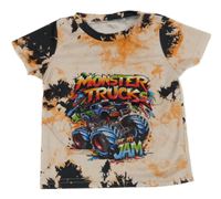 Světleoranžovo-černé vzorované sportovní tričko s monster truckem