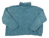Modrozelený žinylkový crop oversize svetr s rolákem