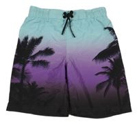 Světlemodro-fialové ombré plážové kraťasy s palmami