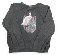 Šedý svetr s jednorožcem z flitrů H&M