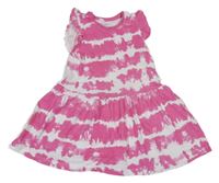 Růžovo-bílé bavlněné batikované šaty s volánky Primark