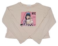 Pudrové crop triko s dívkou a psíkem H&M