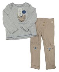 Nové - 2 set - béžové žebrované lehké tepláky + šedé žebrované triko s obrázkem F&F