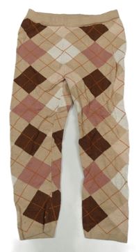 Hnědo-starorůžovo-smetanové kárované pletené legíny H&M