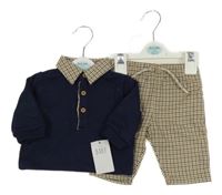 Nové - 2set - Tmavomodrá mikina s kostkovaným límcem + okrovo-béžovo-tmavomodré kostkované kalhoty 