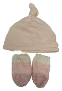 2 Set - Lososová čepice + růžové pletené zateplené rukavice