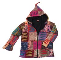 Barevná vzorovaná patchwork propínací podšitá mikina s průstřihy a kapucí