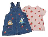 2 set - Modré riflové laclové šaty s Bluey + růžové tričko s jahodami 