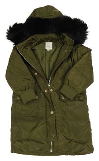 Khaki šusťákový prošívaný zimní kabát s kapucí River Island