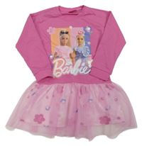 Růžové teplákové šaty s Barbie a tylovou sukní 