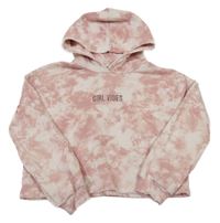 Růžovo-bílá batikovaná crop mikina s nápisem a kapucí C&A