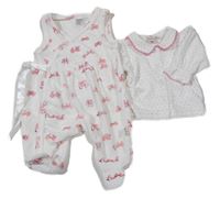 2set - Bílé sametové dupačky s mašlemi + puntíkatá propínací mikina 