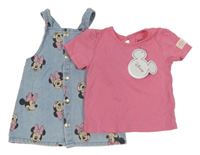 Nové - 2Set - Světlemodré riflové propínací šaty s Minnie + růžové tričko PRIMARK