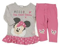 2Set - Šedo/melírovano-růžová šatová tunika s Minnie a srdíčky + růžové legíny 