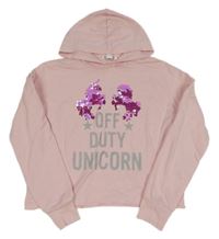Světlerůžová crop mikina s jednorožci z překlápěcích flitrů a nápisy a kapucí PRIMARK