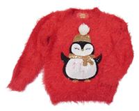 Červený chlupatý svetr s tučňákem Primark