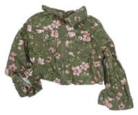 Khaki květovaná plátěná crop bunda 
