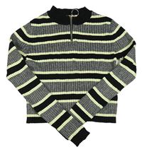 Tmavošedo-černo-zelenkavý pruhovaný žebrovaný lehký crop svetr H&M