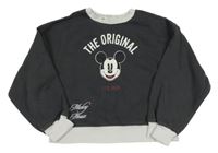 Tmavošedo-bílá oversize crop mikina s Mickey H&M
