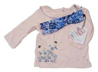 Nové - 2set - Světlerůžové triko s výšivkami květin + modrá květovaná čelenka M&Co.