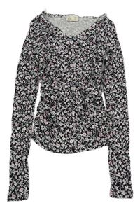 Černo-bílo-růžové kytičkované žebrované crop triko KappAhl