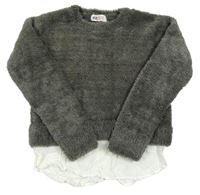 Tmavošedý chlupatý svetr s halenkou H&M