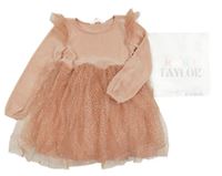 Nové - pudrovo-starorůžové žinylkovo-tylové šaty s puntíky a volánky H&M