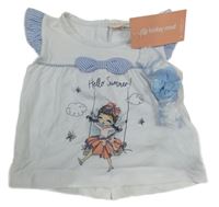 Nové - 2Set - Bílo-modré tričko s holčičkou a mašlí a volánky + čelenka baby rose