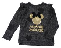 Černo-šedé melírované úpletové triko s Minnie z flitrů a volánky Disney