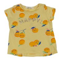 Žluté tričko s pomeranči a nápisem H&M