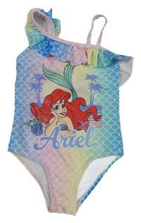Modro-růžovo-žluto-modrozelené jednodílné asymetrické plavky s Ariel a šupinkami a volánkem PRIMARK