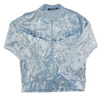 Světlemodrá sametová propínací mikina s volánky 