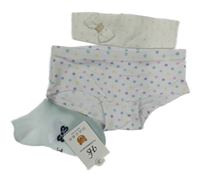 Nové - 3set - Světlezelené ponožky + bílé puntíkaté kalhotky + smetanová čelenka