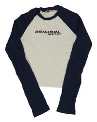 Bílo-tmavomodré žebrované crop triko s nápisem H&M