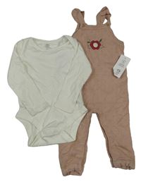 Nové - 2set - Starorůžové pletené laclové tepláky s květinou + smetanové body F&F