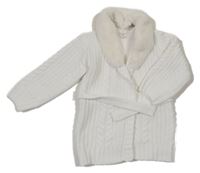 Bílý svetrový cardigan s kožešinovým límcem a páskem River Island