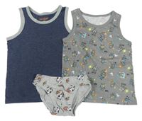 3set - Šedé slipy s míči + tmavomodrý nátělník + šedý nátělník s příšerkami