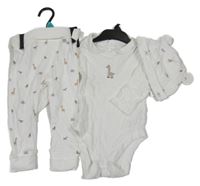 Nové - 3set - Bílé tepláky se zvířátky + čepice + body s límečkem F&F