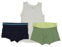 3set - 2x boxerky tmavomodré + zelené + bílý nátělník