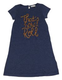 Tmavomodré svetrové šaty s nápisem H&M