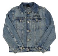 Modrá riflová bunda s nápisem a fotbalovým míčem z překlápěcích flitrů H&M