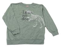 Khaki mikina s kostrou dinosaura a nápisem