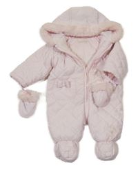 2set - Světlerůžová šusťáková puntíkatá prošívaná zimní kombinéza s kapucí + rukavice Bhs