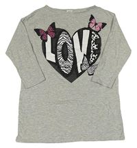 Šedé melírované triko se srdcem s nápisem a motýly H&M