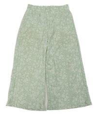 Světlezelené kytičkované strukturované culottes kalhoty