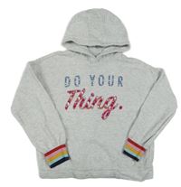 Světlešedá melírovaná oversize crop mikina s nápisy s korálky/kamínky a kapucí M&S