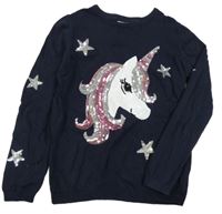 Tmavomodrý svetr s jednorožcem z flitrů Primark