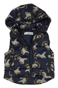 Tmavomodrá šusťáková zateplená vesta s dinosaury a kapucí H&M