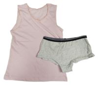 2Set - Světlerůžovo-bílá pruhovaná košilka s mašličkou Tu + světlešedé melírované kalhotky George